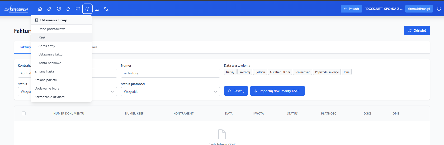 Ustawienia firmy KSeF